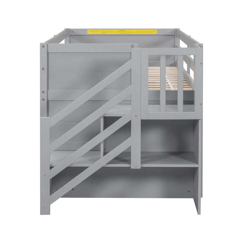 Gray Twin Wood Loft Bed with Storage Shelves, Drawers, and Desk