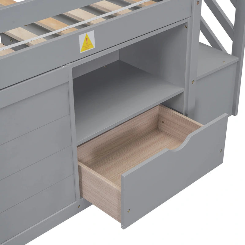 Gray Twin Wood Loft Bed with Storage Shelves, Drawers, and Desk