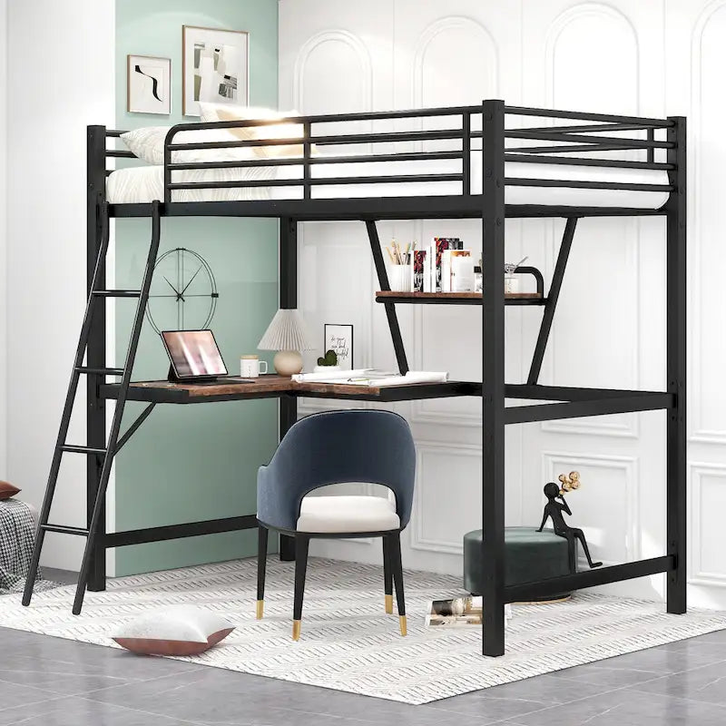 Metal Loft Bed with Desk and Guardrail
