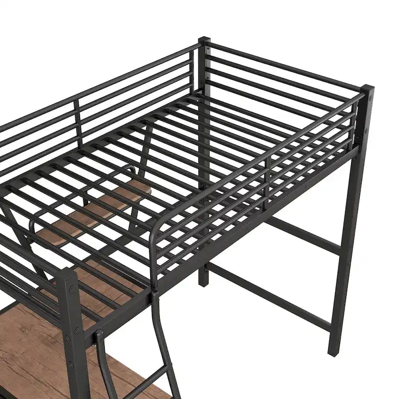 Metal Loft Bed with Desk and Guardrail