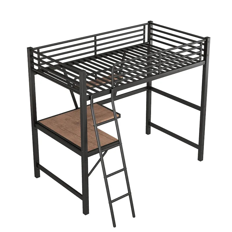 Metal Loft Bed with Desk and Guardrail