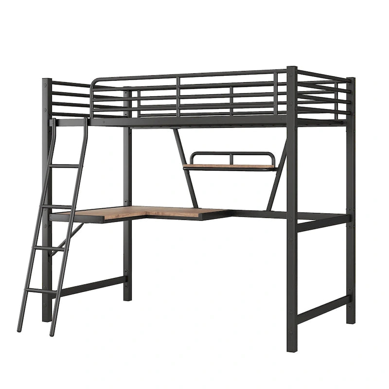 Metal Loft Bed with Desk and Guardrail