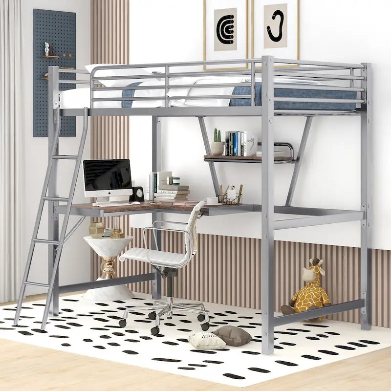 Metal Loft Bed with Desk and Guardrail