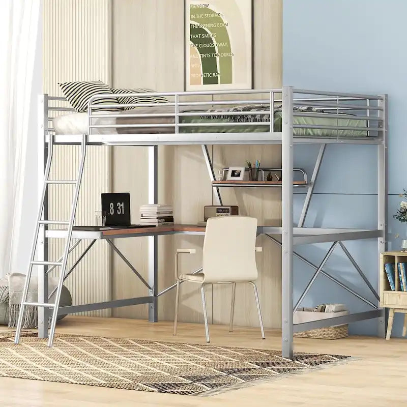 Metal Loft Bed with Desk and Guardrail