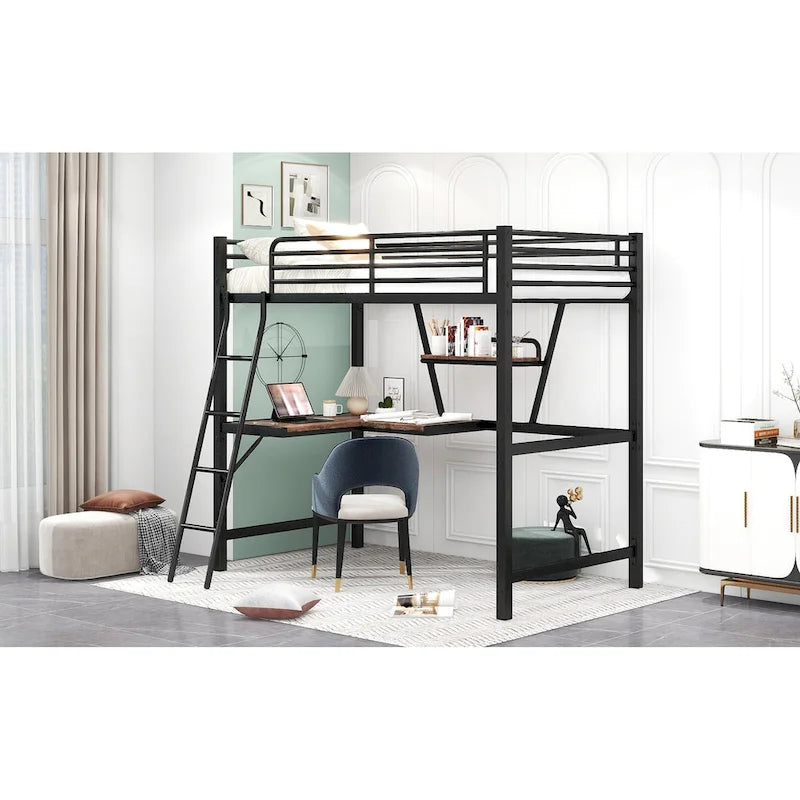 Twin Metal Loft Bed with Desk and Guardrail