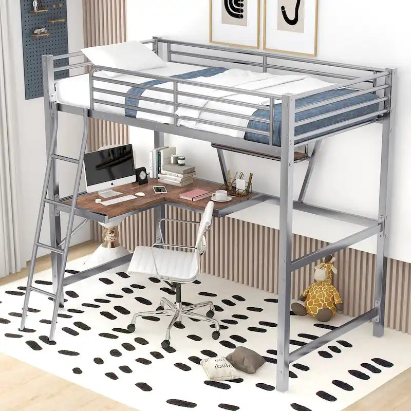 Twin Metal Loft Bed with Desk and Guardrail