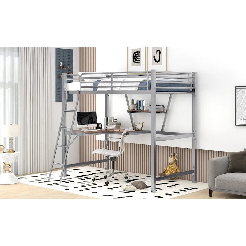 Twin Metal Loft Bed with Desk and Guardrail