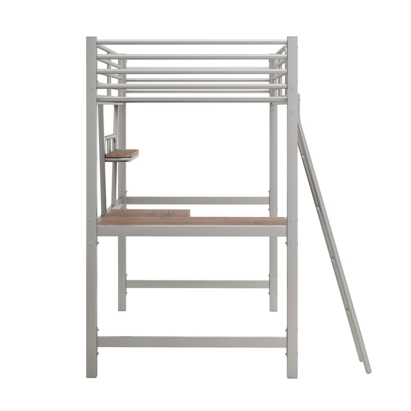 Twin Metal Loft Bed with Desk and Guardrail