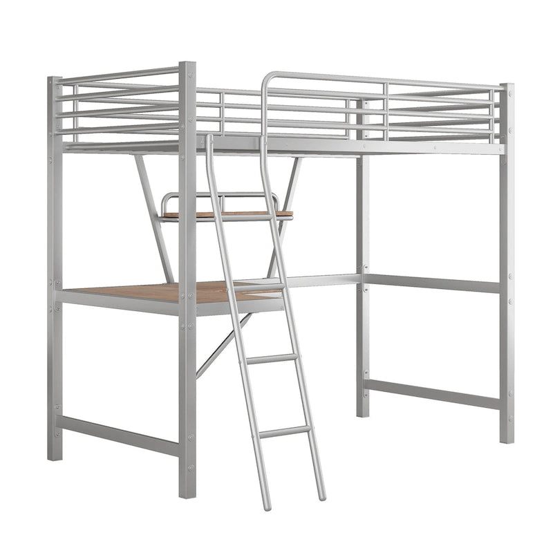 Twin Metal Loft Bed with Desk and Guardrail