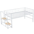 White Twin Size Metal Mid Loft Bed with Storage Stairs and Fence