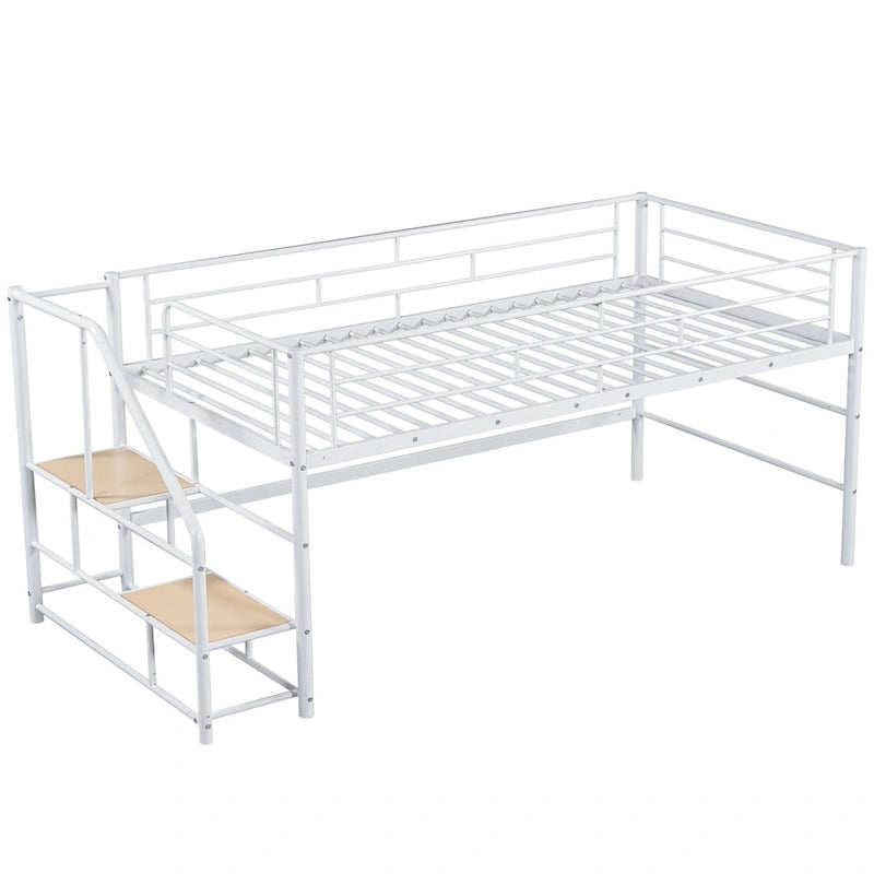 White Twin Size Metal Mid Loft Bed with Storage Stairs and Fence