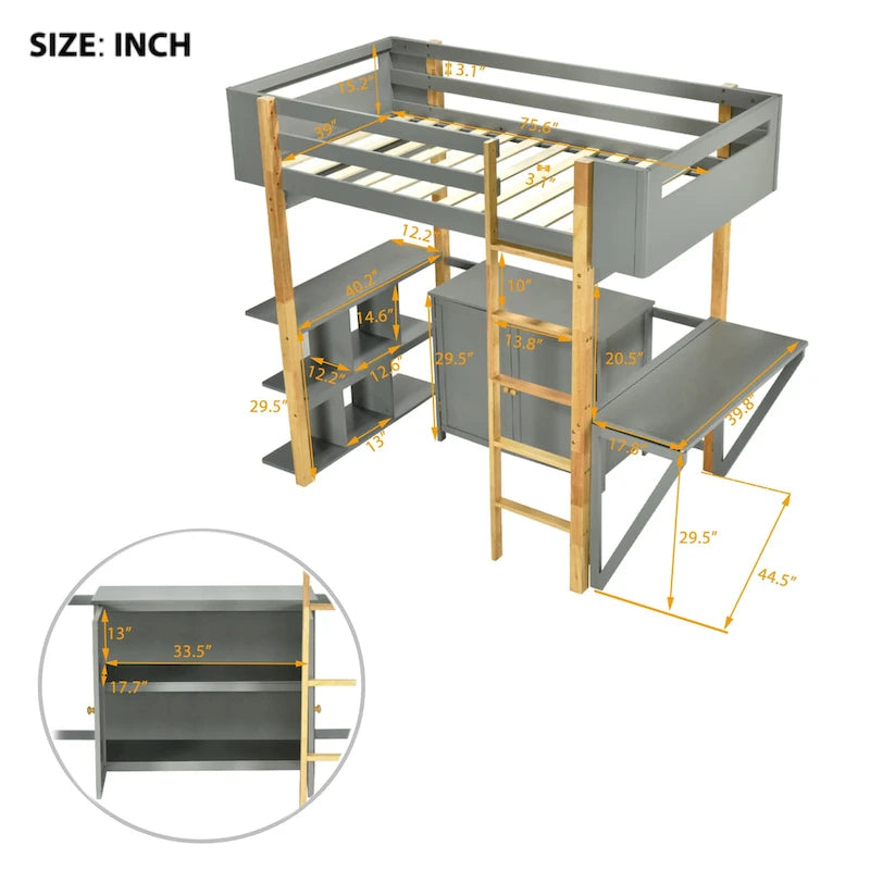 Twin Size Solid Wood Loft Bed with Built-in Storage and Foldable Desk