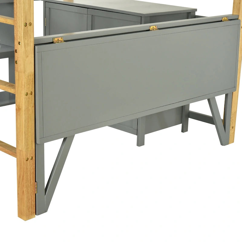 Twin Size Solid Wood Loft Bed with Built-in Storage and Foldable Desk
