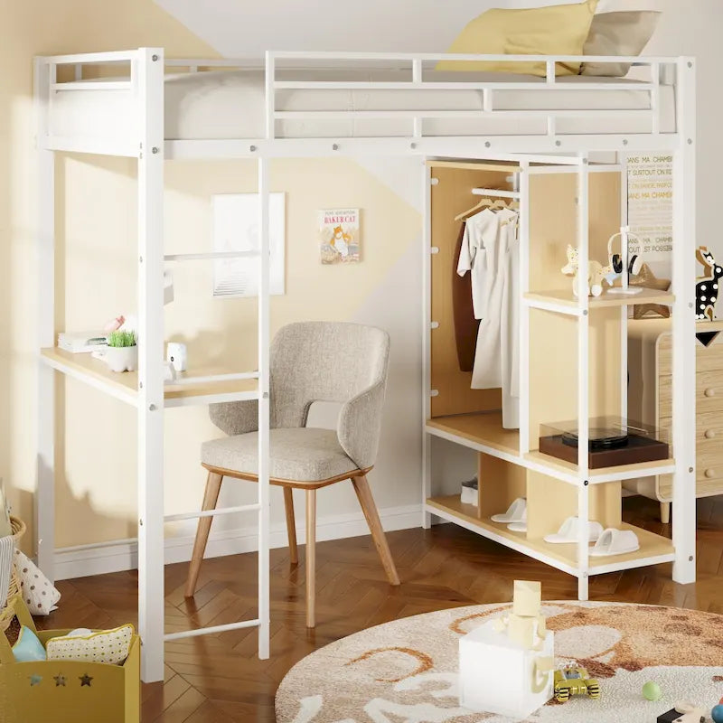 Twin Metal Loft Bed with Built-in Wardrobe & Desk