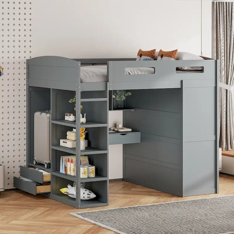 Full Size Solid Wood Loft Bed with Desk, Wardrobes, and Shelves