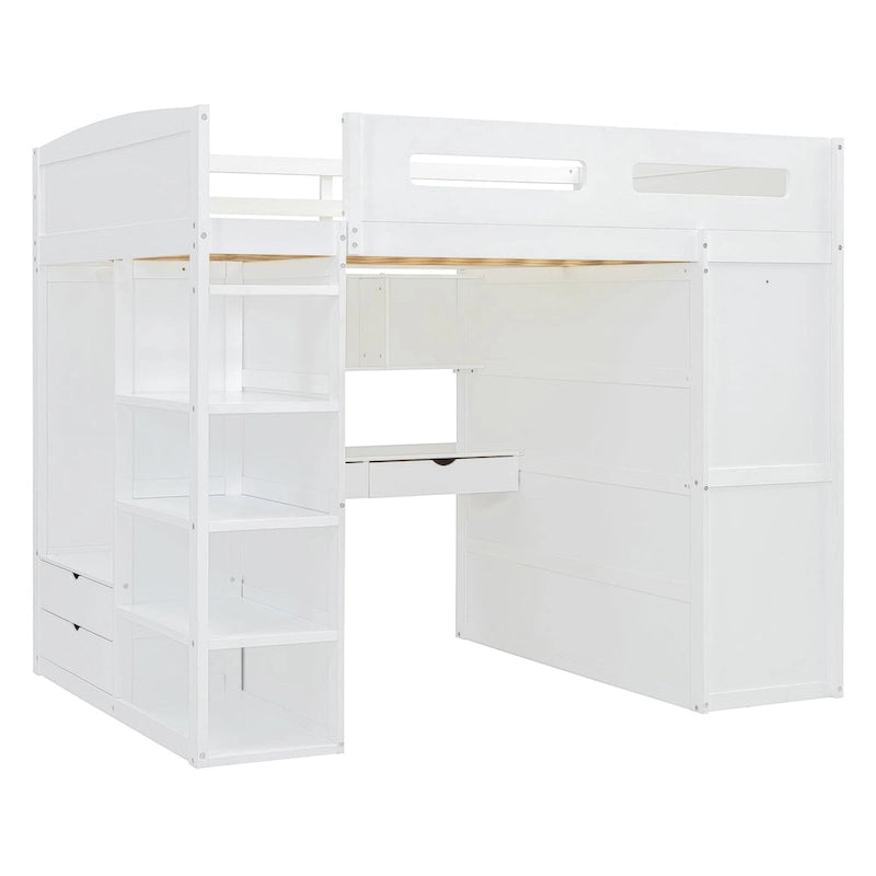 Full Size Solid Wood Loft Bed with Desk, Wardrobes, and Shelves