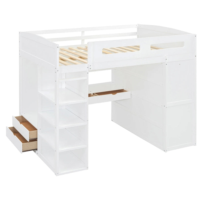 Full Size Solid Wood Loft Bed with Desk, Wardrobes, and Shelves