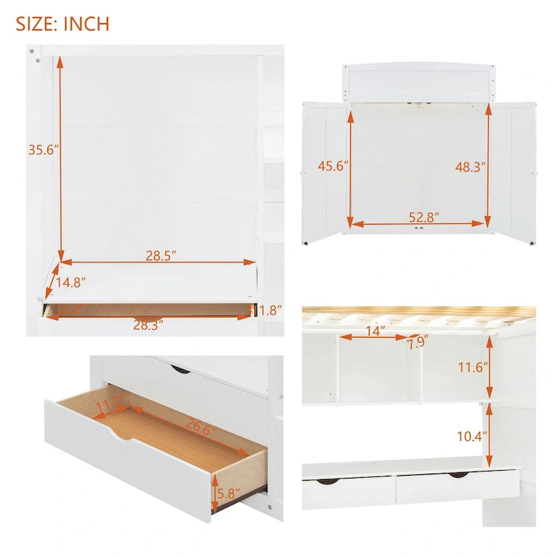 Full Size Solid Wood Loft Bed with Desk, Wardrobes, and Shelves