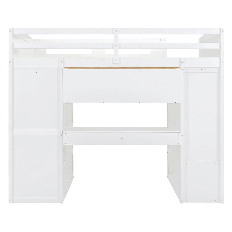 Full Size Solid Wood Loft Bed with Desk, Wardrobes, and Shelves