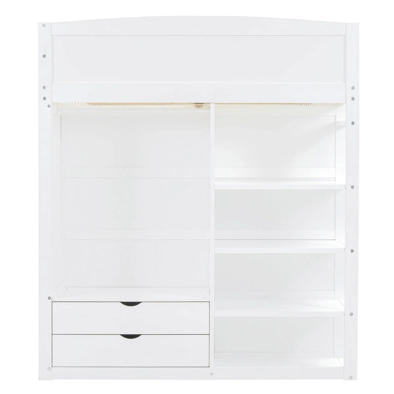 Full Size Solid Wood Loft Bed with Desk, Wardrobes, and Shelves