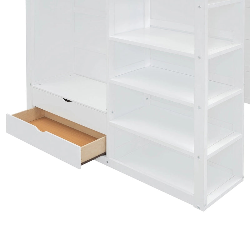 Full Size Solid Wood Loft Bed with Desk, Wardrobes, and Shelves