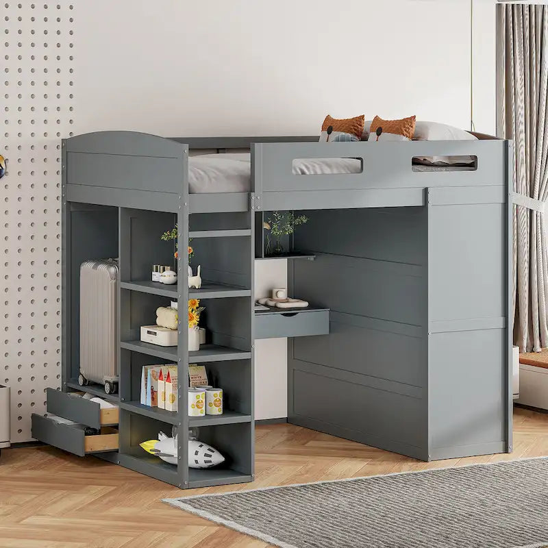 Full Size Solid Wood Loft Bed with Desk, Wardrobes, and Shelves
