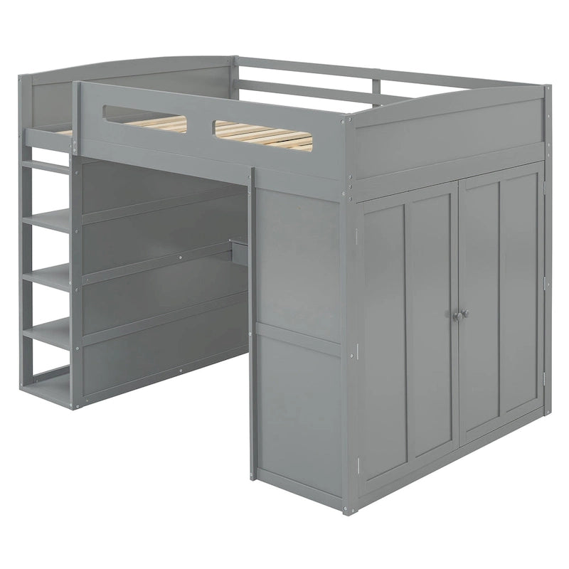 Full Size Solid Wood Loft Bed with Desk, Wardrobes, and Shelves