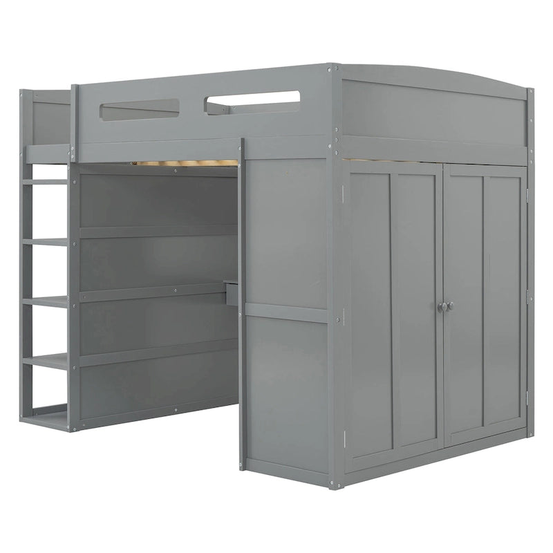 Full Size Solid Wood Loft Bed with Desk, Wardrobes, and Shelves