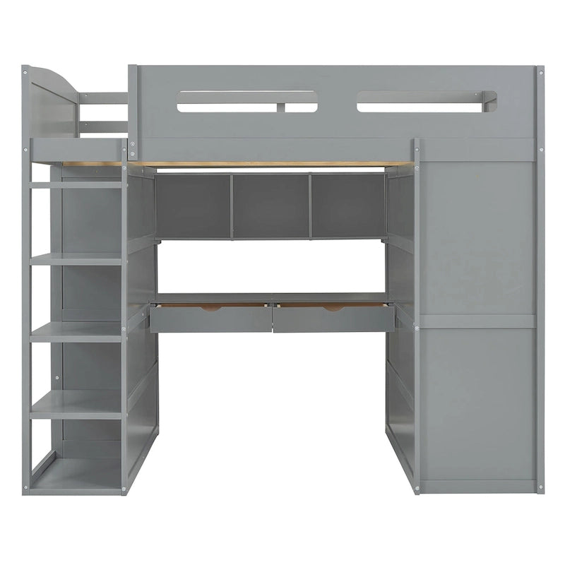 Full Size Solid Wood Loft Bed with Desk, Wardrobes, and Shelves