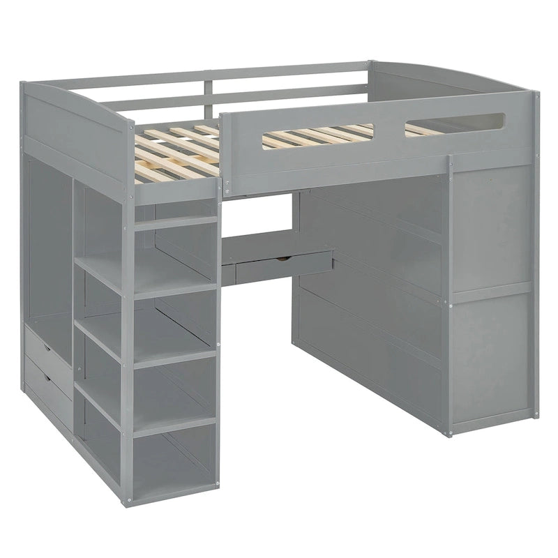 Full Size Solid Wood Loft Bed with Desk, Wardrobes, and Shelves