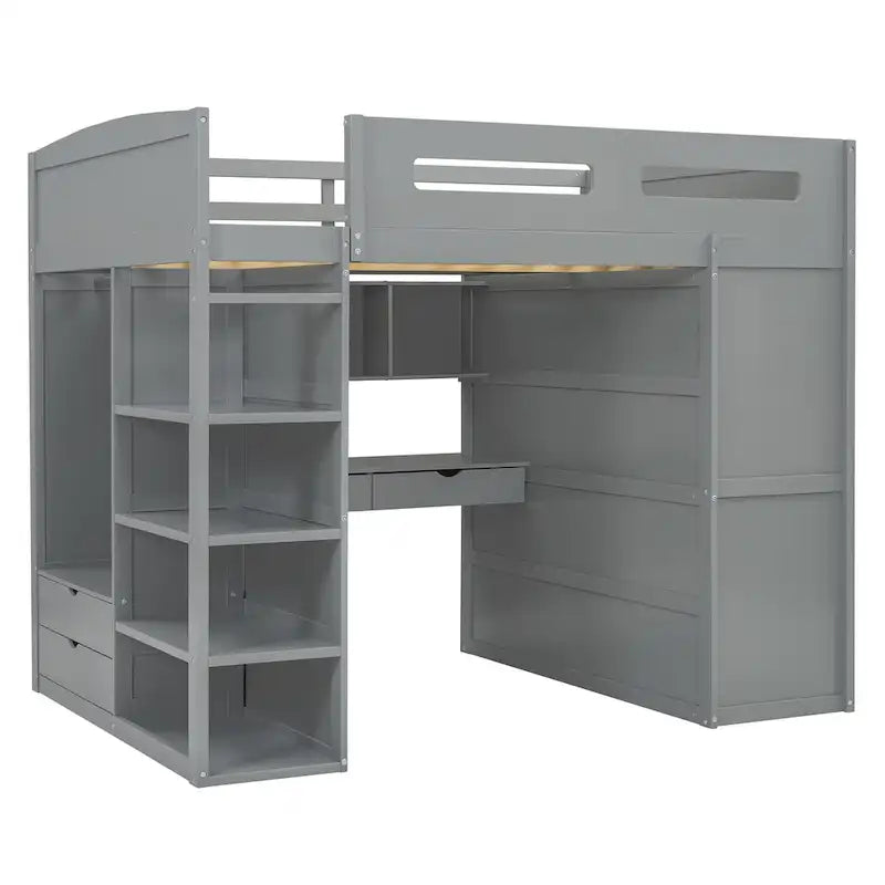Full Size Solid Wood Loft Bed with Desk, Wardrobes, and Shelves