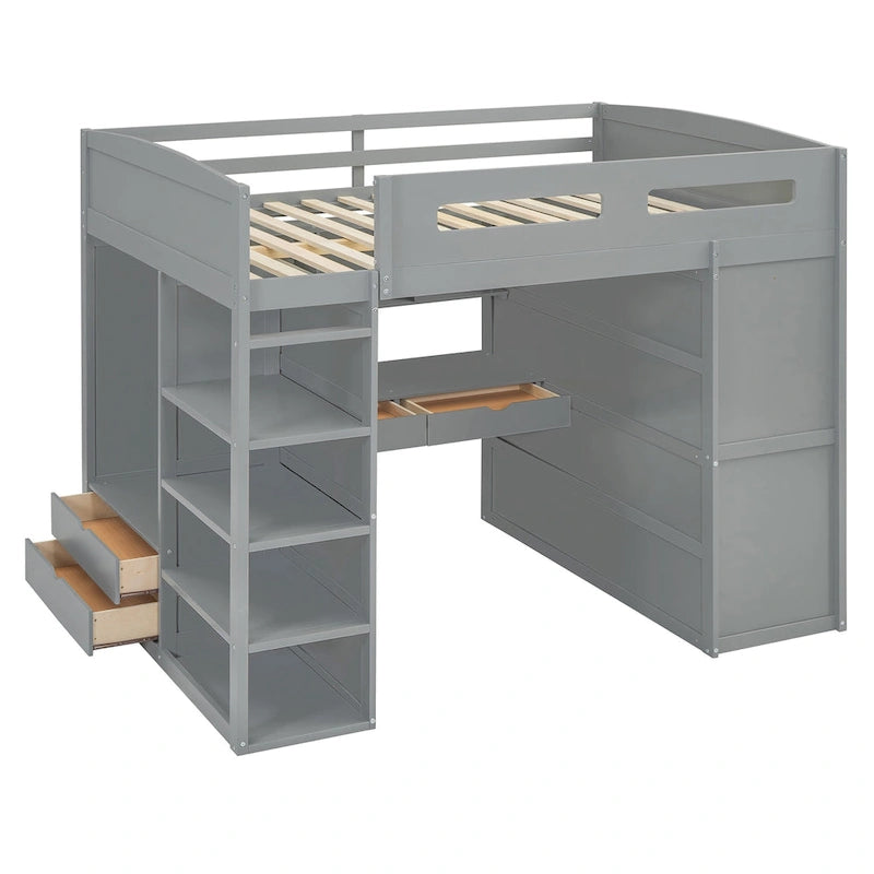 Full Size Solid Wood Loft Bed with Desk, Wardrobes, and Shelves