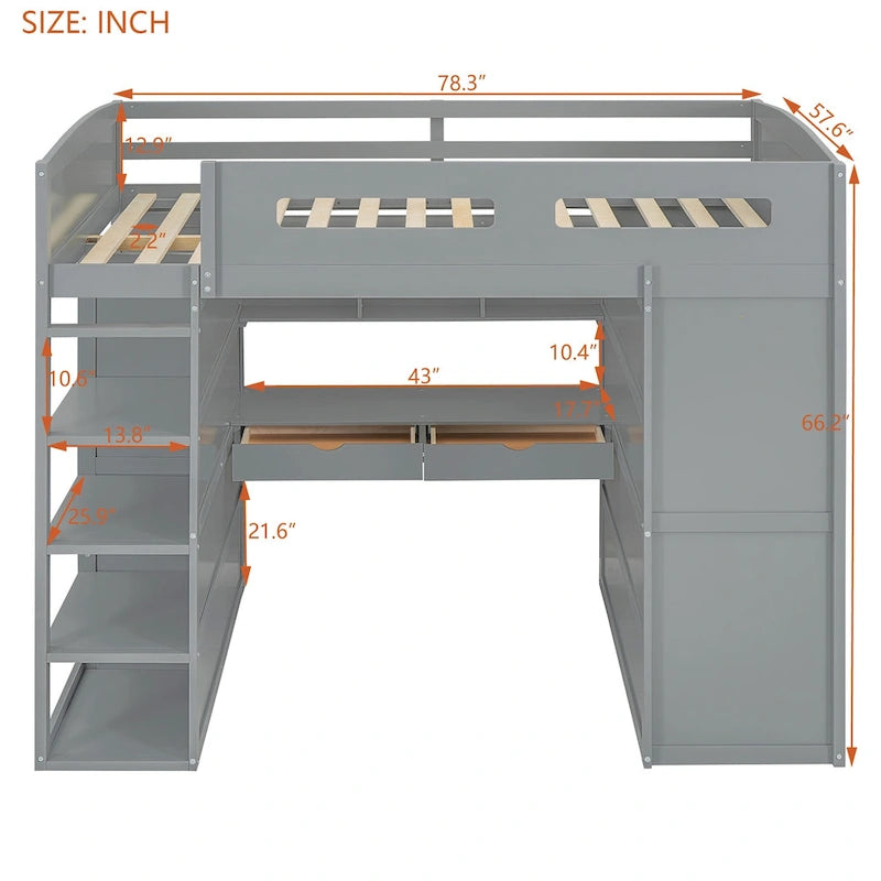 Full Size Solid Wood Loft Bed with Desk, Wardrobes, and Shelves