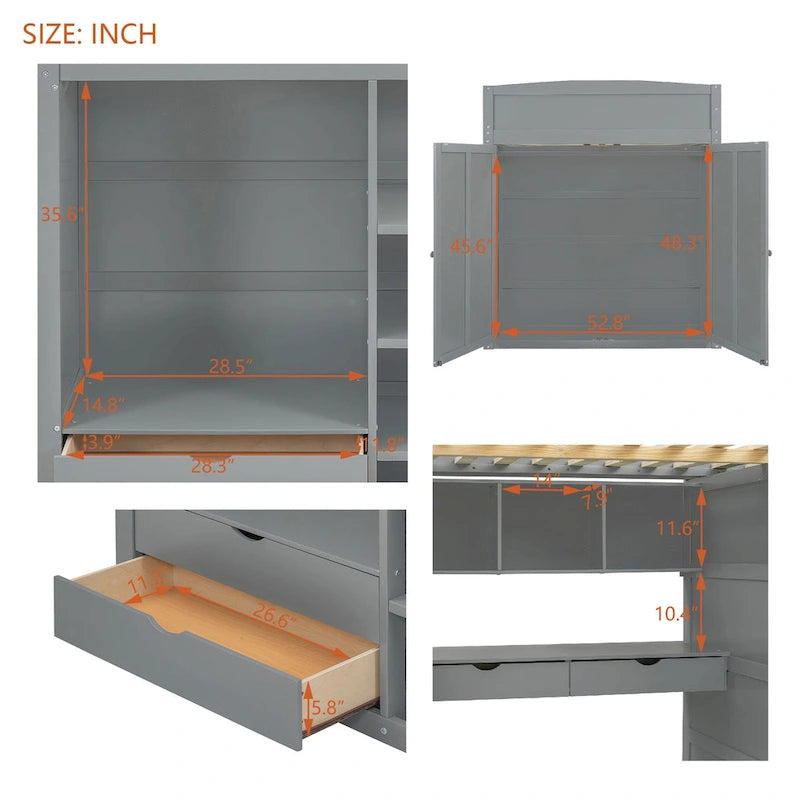 Full Size Solid Wood Loft Bed with Desk, Wardrobes, and Shelves