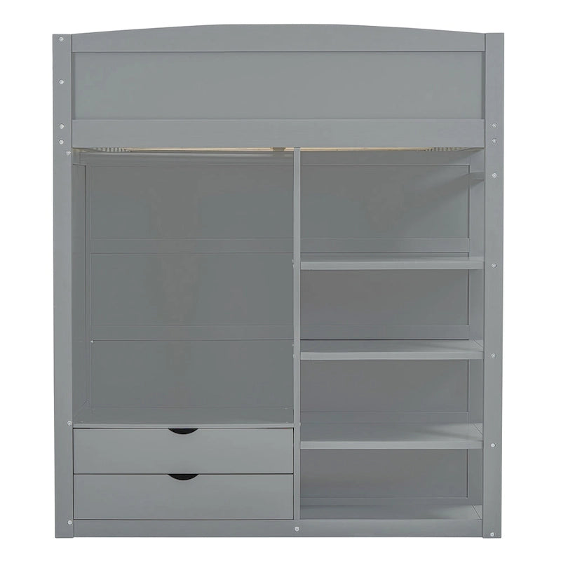 Full Size Solid Wood Loft Bed with Desk, Wardrobes, and Shelves