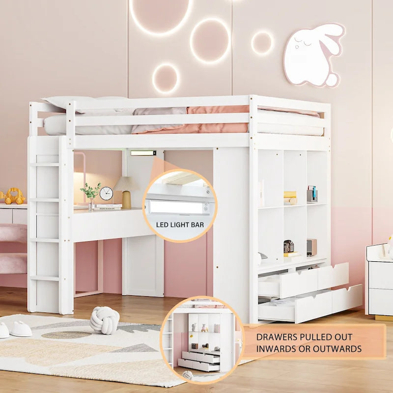 Full Size Solid Wood Loft Bed with Shelves, Writing Desk, and LED Light