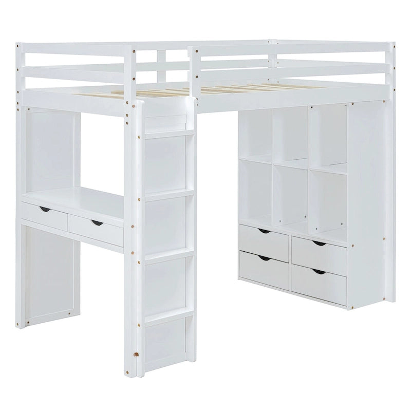 Full Size Solid Wood Loft Bed with Shelves, Writing Desk, and LED Light