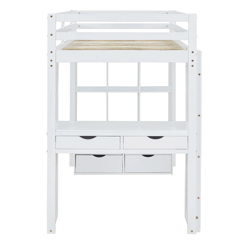Full Size Solid Wood Loft Bed with Shelves, Writing Desk, and LED Light
