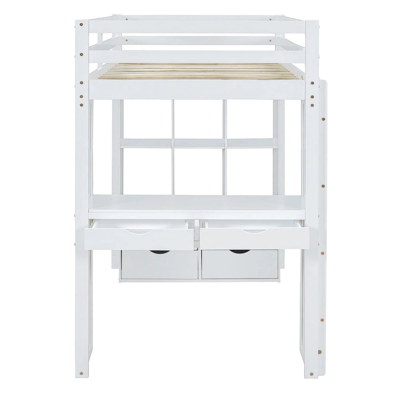Full Size Solid Wood Loft Bed with Shelves, Writing Desk, and LED Light