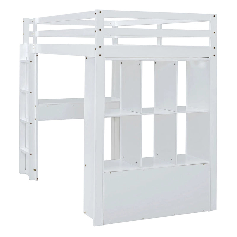 Full Size Solid Wood Loft Bed with Shelves, Writing Desk, and LED Light