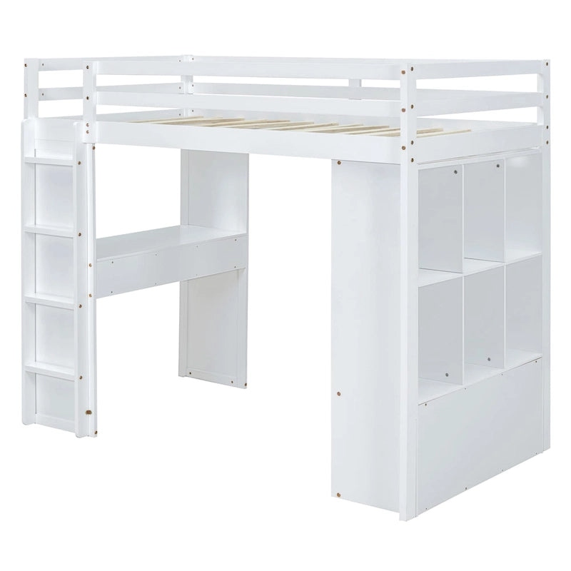 Full Size Solid Wood Loft Bed with Shelves, Writing Desk, and LED Light