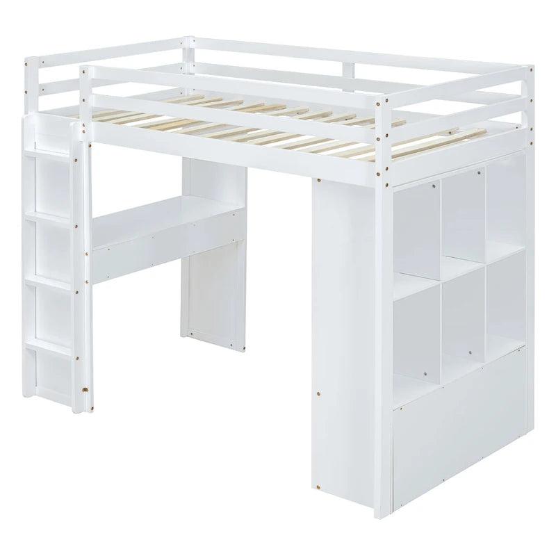 Full Size Solid Wood Loft Bed with Shelves, Writing Desk, and LED Light