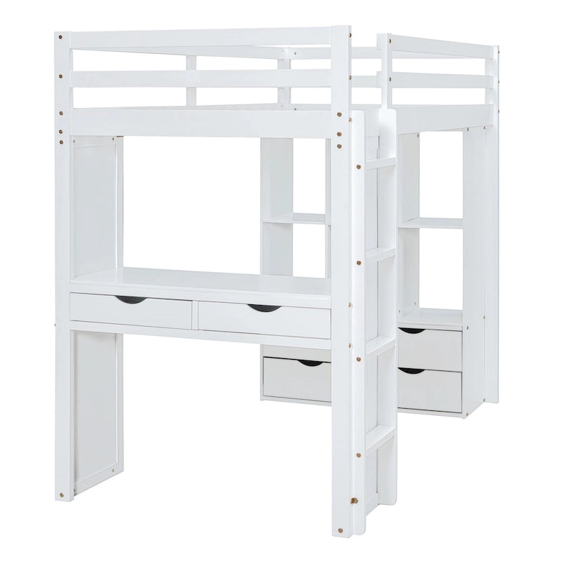 Full Size Solid Wood Loft Bed with Shelves, Writing Desk, and LED Light