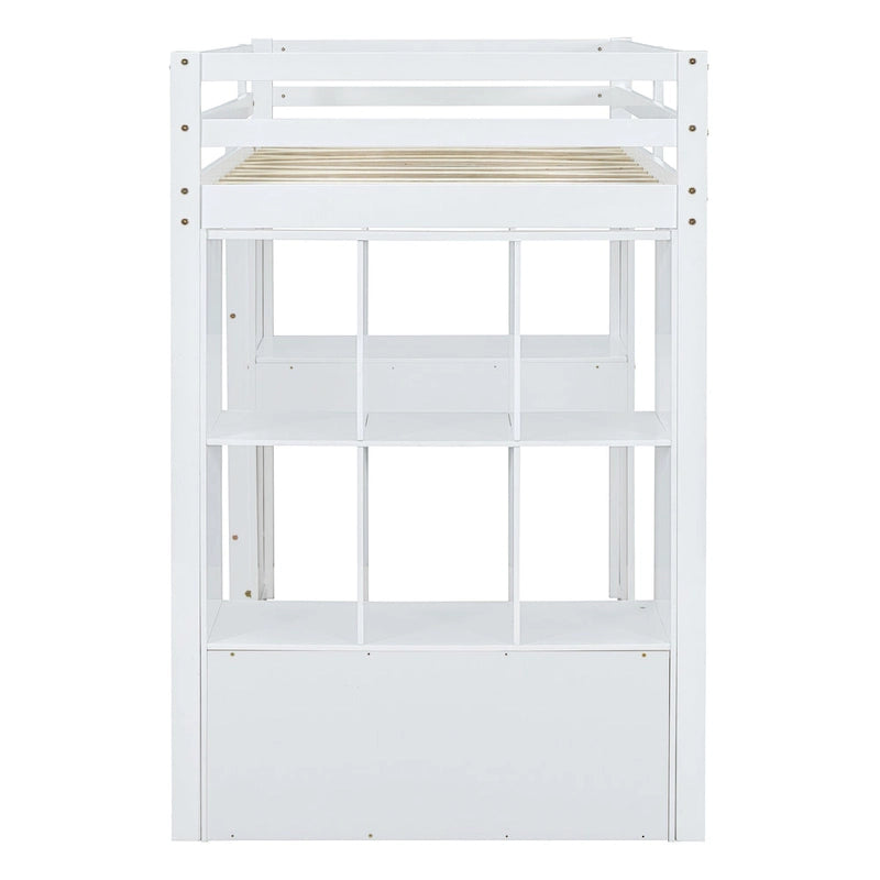 Full Size Solid Wood Loft Bed with Shelves, Writing Desk, and LED Light