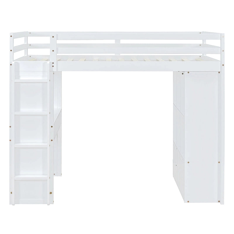 Full Size Solid Wood Loft Bed with Shelves, Writing Desk, and LED Light