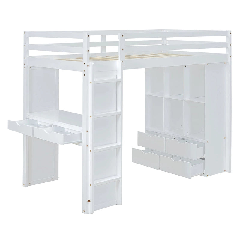 Full Size Solid Wood Loft Bed with Shelves, Writing Desk, and LED Light