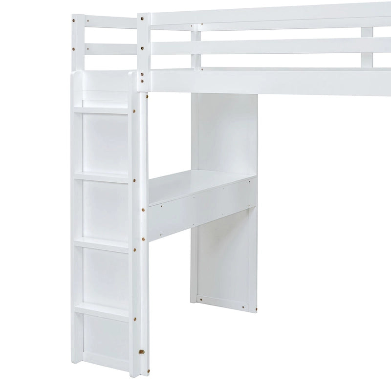Full Size Solid Wood Loft Bed with Shelves, Writing Desk, and LED Light