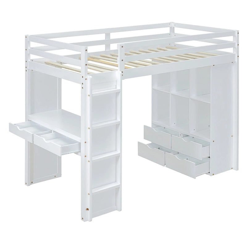 Full Size Solid Wood Loft Bed with Shelves, Writing Desk, and LED Light