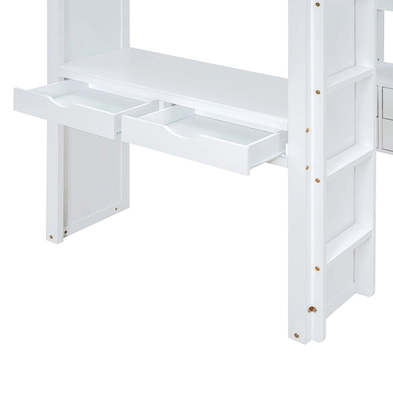 Full Size Solid Wood Loft Bed with Shelves, Writing Desk, and LED Light