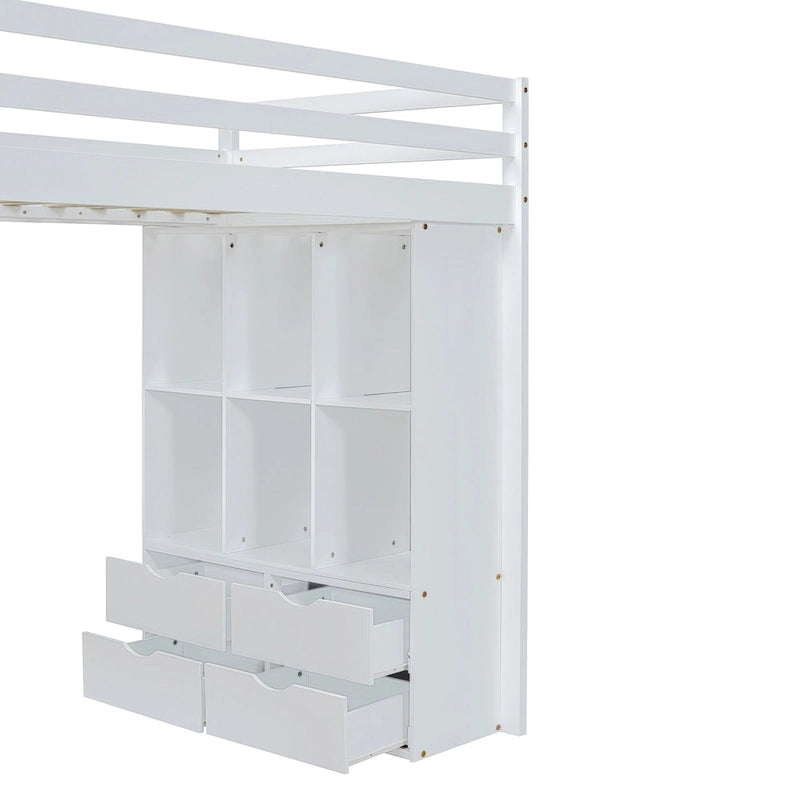 Full Size Solid Wood Loft Bed with Shelves, Writing Desk, and LED Light